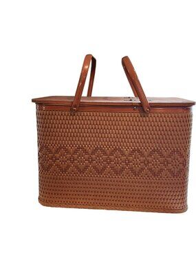 Vintage Redmon Wicker and Wood Woven Picnic Basket, Burlington Basket Co